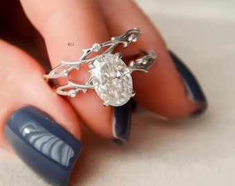 Oval Moissanite Zweig Braut Set: Natur Inspirierter Sterling Silber Ring