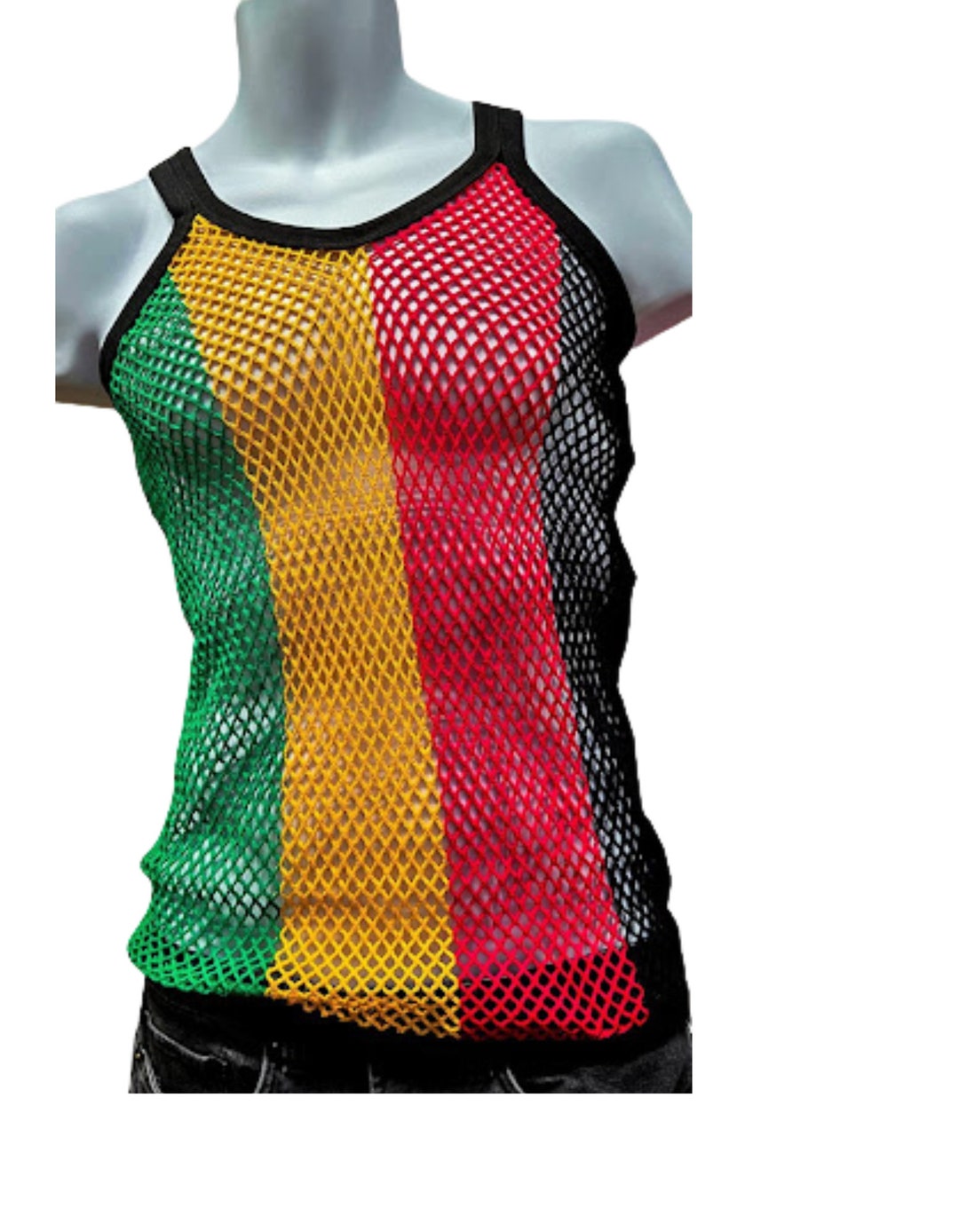 Handmade Rasta String Vest Mesh Fitted Striped Black White Gold