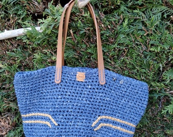 Blue and beige tote bag with handles