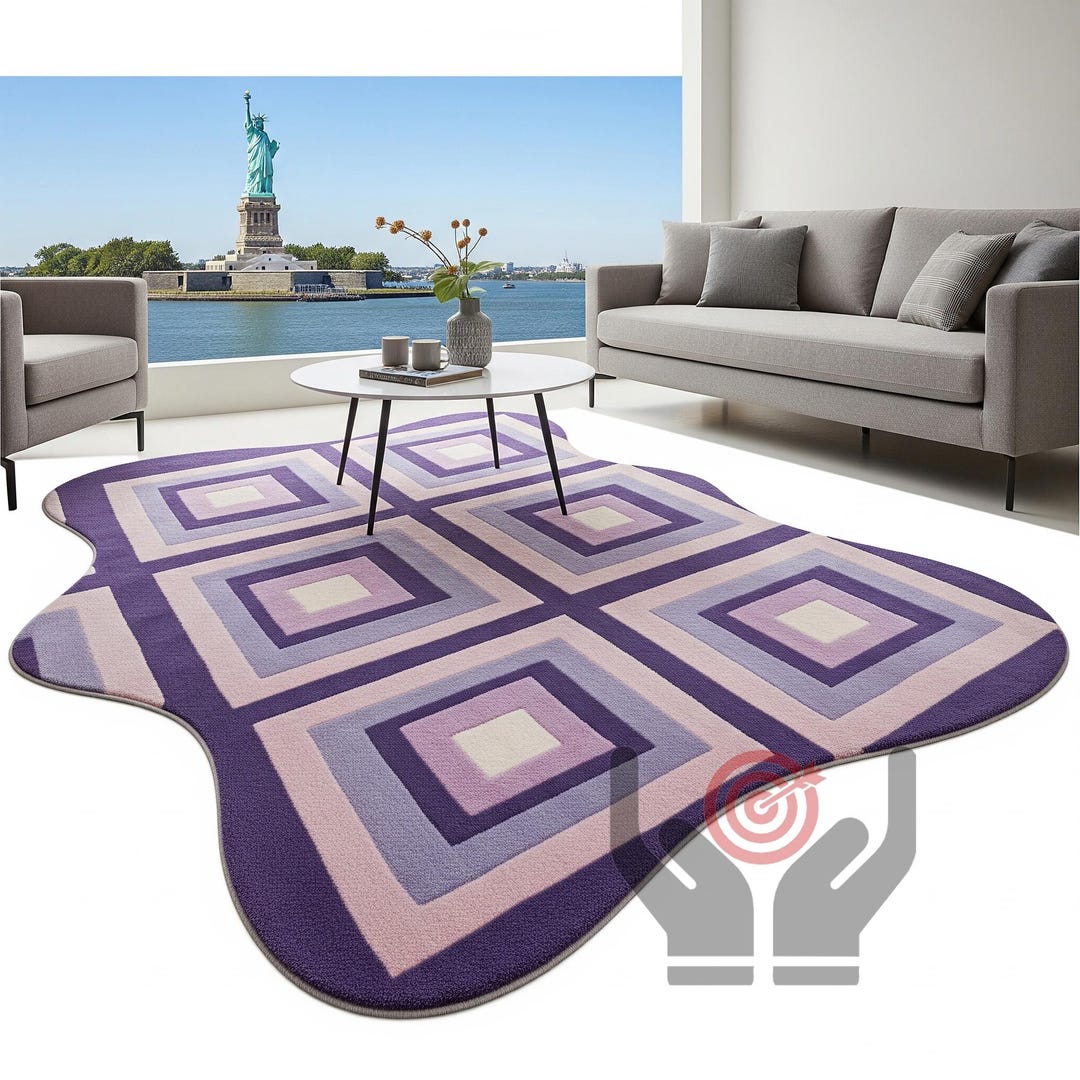 Hand-tufted Wool Rug, Purple Geometric Squares, Wavy Edge - Etsy