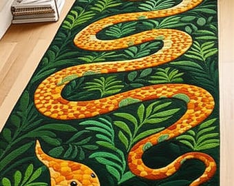 May include: A rectangular rug featuring a detailed snake design. The snake is orange and yellow, winding across a dark green background filled with green foliage. The rug is likely made of a woven material.