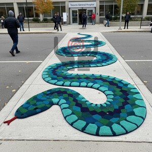 Può includere: Un grande tappeto colorato a forma di serpente, con una lingua rossa, si trova su un marciapiede. Il corpo del serpente è un mosaico di forme geometriche blu, verdi e blu navy. Il tappeto è di fronte al Toronto General Hospital.