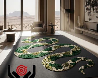 May include: A large, dark gray rug featuring a stylized snake design in shades of green and cream. The snake's pattern is a repeating geometric design. The rug is placed in a modern living room with large windows and desert views.