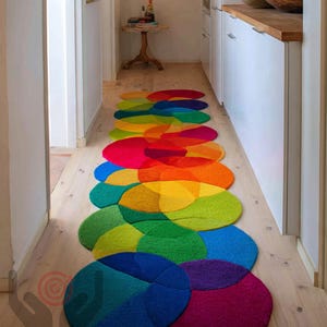 Peut inclure: Un tapis abstrait coloré composé de cercles superposés dans un spectre de couleurs, dont le rouge, l'orange, le jaune, le vert, le bleu et le violet. Le tapis est placé dans un couloir avec un plancher en bois clair.