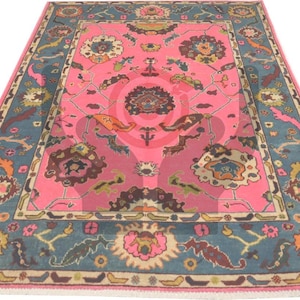 Hand-Knotted Oushak Wool Rug 8x10: Pink & Blue Turkish Style