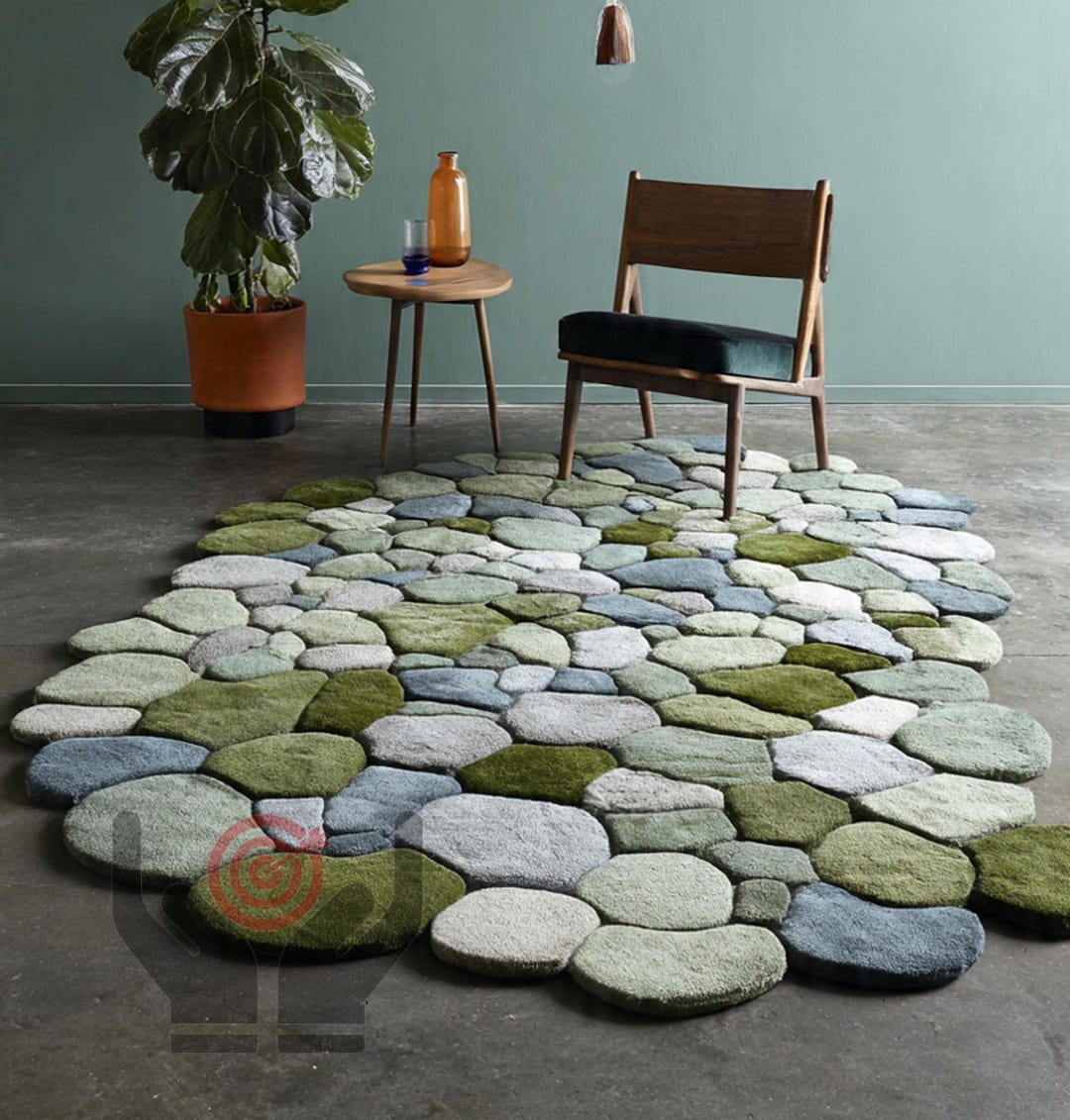 Stone Area Rug Inlay Hand Tufted Wool Area Rug: Moss Stone Green Forest Design - Etsy