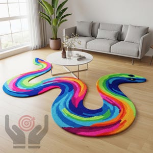 May include: A rainbow-coloured, snake-shaped rug. The rug's design features a swirling pattern of blues, greens, yellows, oranges, and pinks. It is placed on a wooden floor in a living room setting. The rug's dimensions are in centimetres.