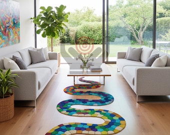 Tapis serpent en laine touffeté main : chemin serpent coloré