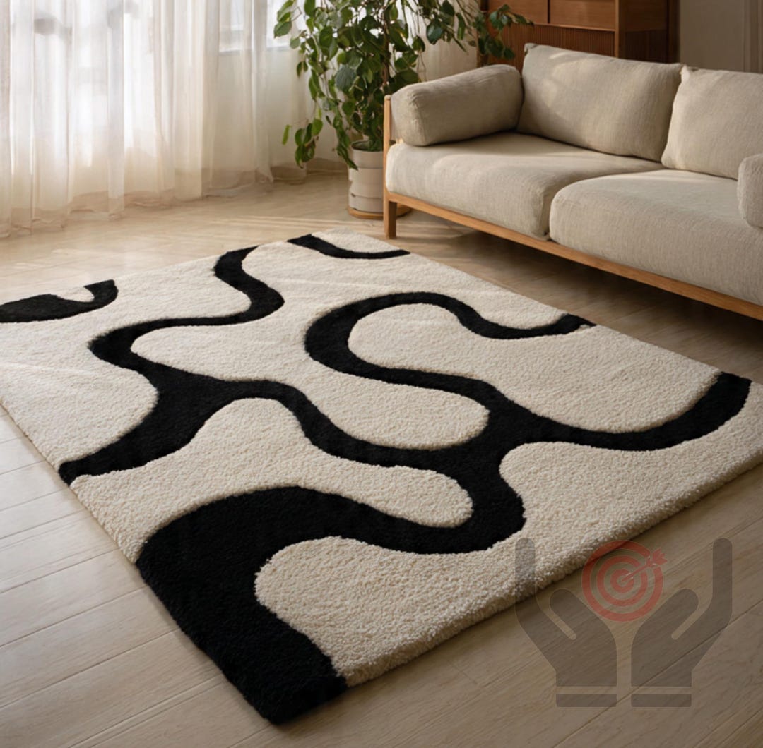 Hand Tufted Wavy Area Rug | Modern Black and White Abstract Carpet - Etsy