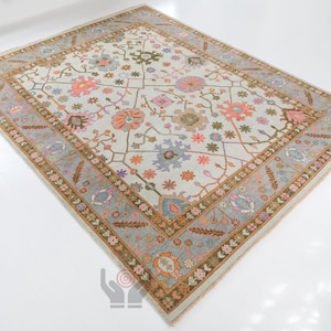 Modern gray Oushak Rug 8x10 and 9x12 Hand Knotted rug Blue and Beige Vintage Oushak Wool Area Rug for living room TH4030