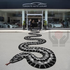 Peut inclure: Un tapis en forme de serpent, gris et noir, avec une langue rouge, mène à l'entrée d'une concession automobile de luxe. L'enseigne de la concession indique "TORONTO AUTO LUXURY".