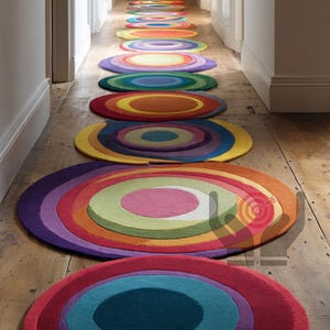 Hand-Tufted Wool Runner Rug – Colourful Circle Design moss pattern .