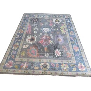 8X10 Rug Quick Ship, dark gray And Pink Oushak Rug, Muted Pastel Rug, Blue Green Peach Wool Rug, Colorful Area Rug TH 2780