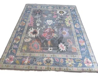 Hand Knotted Wool Oushak Rug: Gray, Pink & Blue Floral Area Rug (8x10)