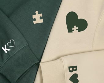 Custom Couple Sweatshirt, Heart and Puzzle Piece Hoodies, Initial With Heart On Sleeve, Couples TShirt for Anniversary Gift, Valentines Gift