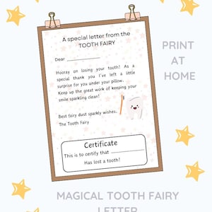 Carta y certificado imprimibles del Hada de los Dientes / Tabla de recompensas de descarga instantánea en PDF para niños