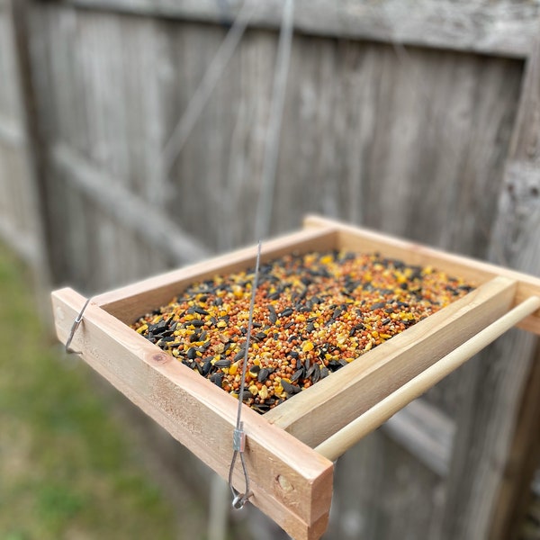 Hand made hanging bird feeder tray with drainage screen