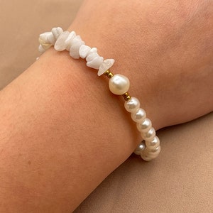 Armband mit Quarz Kies Perlen, Halb Perlen, weiß gold, Handgemacht 100%