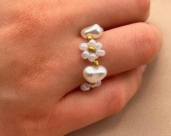Floral ring with white pearls in white - gold, handmade 100%
