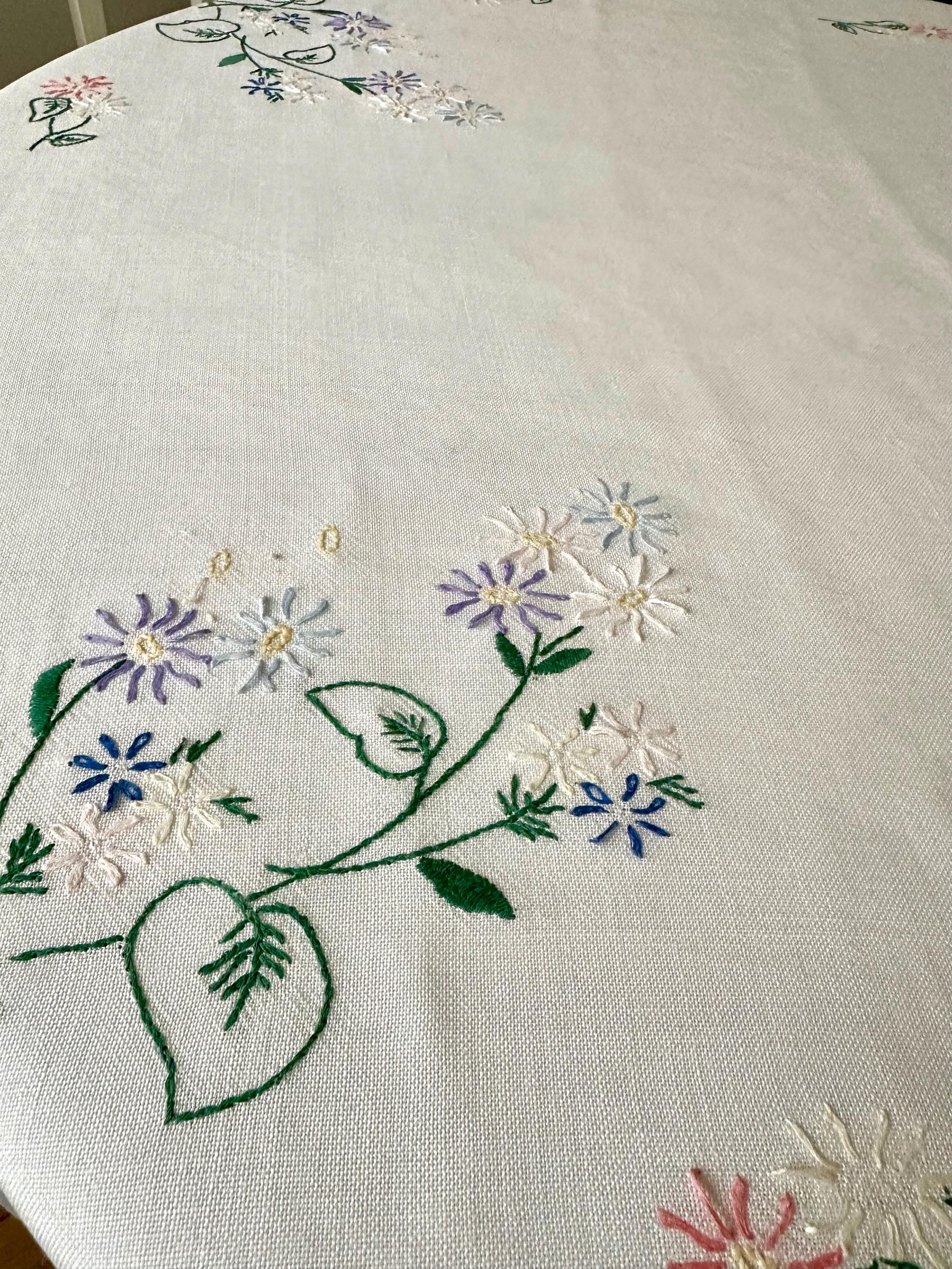 ヴィンテージ刺繍入りホワイトコットンティーテーブルクロス 76 cm x