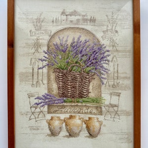 Vintage framed embroidery cross stitch picture of the Lavender from the 1980s.  Dimensions Counted Cross Stitch - French Lavender