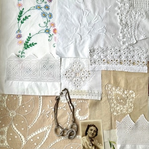 Slow Stitch Kit, packed full of  Vintage Fabrics in Floral Designs , Textile bundle,Trims and Special for Junk Journaling
