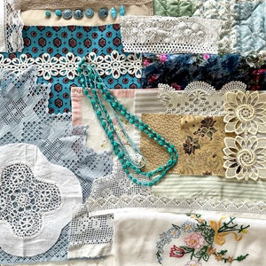 Mythical Flower - Slow Stitch Kit, packed full of  VintageFabrics in Blue/Creamy Tone, Textile bundle, Trims and Special for Junk Journaling