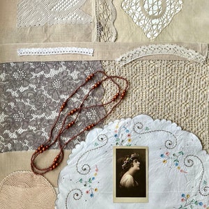 Slow Stitch Kit, packed full of  Vintage Fabrics in creamy tone, Textile bundle,Trims and Special for Junk Journaling