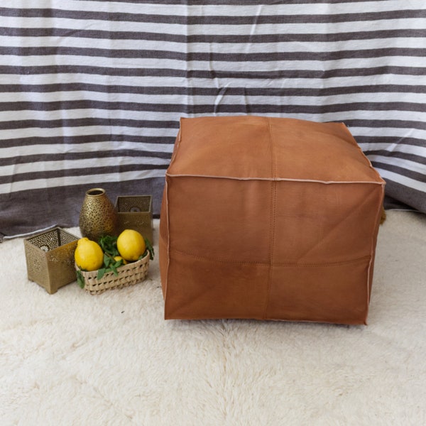 Pouf marocain carré en cuir Marron