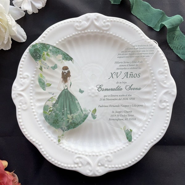 Emerald Green Butterfly And Floral Quinceañera Invitation, Sweet 16 Invite, Personalize Your Modern Mis Anos Invite{Free Preview Available}