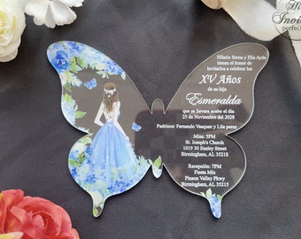 Invitación a Quinceañera de Mariposa Rosa Azul Cielo, Invitación a Quinceañera de Acrílico Azul Claro, Invitación Mis XV Anos {Vista previa gratuita disponible}