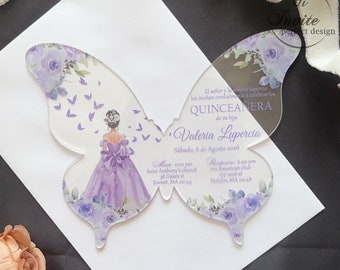 Lavender Floral Butterfly Quinceañera Spanish Invitation, Acrylic Butterfly invites, Light Purple Sweet 15 Invite{Free Preview Available}