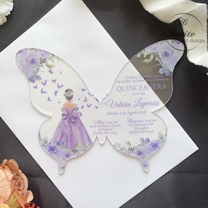 Invitación española para quinceañera con diseño de mariposas y flores de lavanda, invitaciones de mariposas de acrílico, invitación para quinceañeras en violeta claro {Vista previa gratuita disponible}