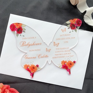 Oranje bloemen vlinder acryl uitnodiging voor babyshower, personaliseer moderne eerste verjaardag acryl uitnodigen {gratis voorbeeld beschikbaar}