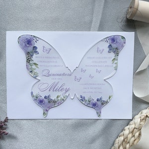 Lavender Floral Butterfly Acrylic Quinceañera Spanish Invitation, Personalize Your Modern Violet Sweet 15 Acrylic Free Preview Available image 2