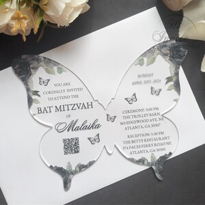 Convite de Bat Mitzvah de borboleta preta para aniversário de menina, personalizado Personalize o convite Mis XV Anos com código QR {Visualização gratuita disponível}