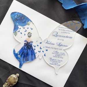 Invitación a quinceañera de rosa azul marino, niña y mariposa, elegante y dulce 15 cumpleaños, personalice la invitación de Mis XV Anos {Vista previa gratuita disponible}