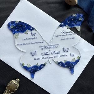 Acryluitnodiging voor quinceañera donkerblauwe vlinder, marineblauwe fancy Sweet 15-uitnodiging, mis XV Anos-kaart personaliseren {gratis voorbeeld beschikbaar}
