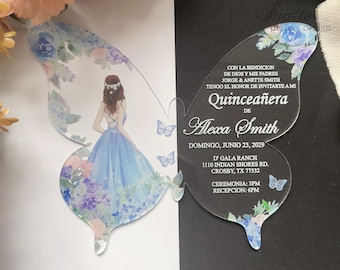Invitación de mariposa acrílica de Quinceañera de niña azul bebé, invitación de cumpleaños de mariposa floral azul claro para Mis XV Años {Vista previa gratuita disponible}