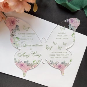 Blush Butterfly Quinceañera-uitnodiging voor een lieve 15-jarige verjaardag, personaliseer Mis XV Anos-uitnodiging in het Spaans {gratis voorbeeld beschikbaar}