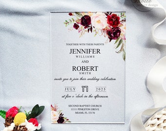 Gorgeous Burgundy Watercolor Froral Wedding Acrylic Invitations, Customize Rose Acrylic Wedding Invites {Free Preview Available}