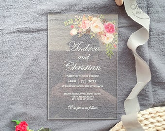 Erröten Froral Acryl Hochzeitseinladungen, Grün Thema Hochzeitseinladungen, personalisieren Sie Ihre modernen Einladungen {Kostenlose Vorschau verfügbar}