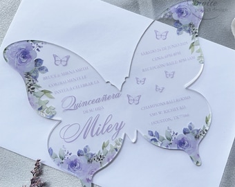Lavender Floral Butterfly Acrylic Quinceañera Spanish Invitation, Personalize Your Modern Violet Sweet 15 Acrylic {Free Preview Available}