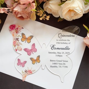 Acryl vlinderuitnodiging voor Quinceañera, oranje vlinder met roze bloem acryl verjaardagsuitnodiging voor kweepeer Anos {gratis voorbeeld beschikbaar}