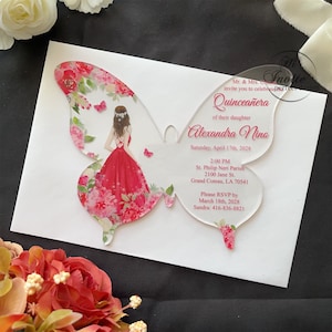 Rode meisje en roos acryl vlinder uitnodiging quinceañera, mooie acryl verjaardagsuitnodiging voor kweepeer Anos {gratis voorbeeld beschikbaar}