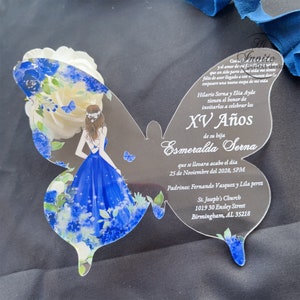 Convite Quinceañera Rosa Azul Royal e Borboleta, Convite Fantasia Doce 15, Personalize Convite Moderno Mis XV Anos {Visualização gratuita disponível}