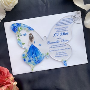 Convite espanhol Blue Butterfly Quinceañera, convite de aniversário acrílico XV Anos com opção de personalização {Visualização gratuita disponível}