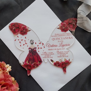 Bourgondische Quinceañera acryl vlinder uitnodiging met prinses, fancy acryl verjaardagsuitnodiging voor Sweet 15 {gratis voorbeeld beschikbaar}