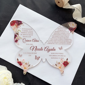 Invito a farfalla in acrilico bordeaux Quinceañera, invito di compleanno in acrilico rosa fantasia per mele cotogne {Anteprima gratuita disponibile}