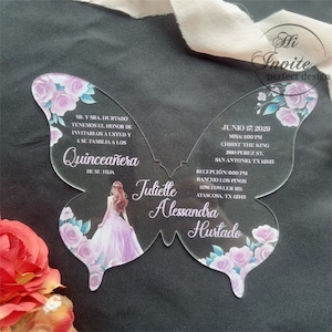 Lichtroze vlinder Quinceañera uitnodiging met meisje en roze bloem, acryl vlinder uitnodigingen, XV Anos uitnodiging {gratis voorbeeld beschikbaar}